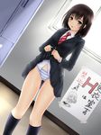  bangs black_hair blush commentary_request highres indoors long_sleeves medium_hair necktie nonaka_ritsu open_mouth original panties scarf school_uniform skirt skirt_lift solo striped striped_panties touka_(nonaka_ritsu) translation_request underwear 
