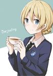  bad_id bad_twitter_id black_neckwear blonde_hair blue_eyes blue_sweater braid character_name commentary_request cup darjeeling dress_shirt emblem girls_und_panzer looking_at_viewer necktie riz_(ravel_dc) school_uniform shirt smile solo st._gloriana's_(emblem) st._gloriana's_school_uniform sweater teacup v-neck white_shirt 