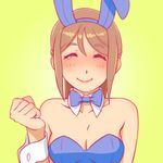  ^_^ animal_ears bare_shoulders blush bow bowtie breasts brown_hair bunny_ears bunnysuit cleavage clenched_hand closed_eyes collarbone detached_collar fukusuke_hachi-gou hands lips long_hair medium_breasts original ponytail smile solo tears wrist_cuffs 