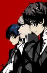  black_hair black_jacket blue_hair from_side gakuran glasses halftone highres jacket nanaya_(daaijianglin) narukami_yuu persona persona_3 persona_4 persona_5 profile red_background school_uniform shuujin_academy_uniform silver_hair simple_background upper_body yasogami_school_uniform yuuki_makoto 