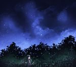  black_hair branch forest grass heiya hime_cut houraisan_kaguya jeweled_branch_of_hourai light_particles long_hair looking_at_viewer looking_back nature night night_sky pink_shirt red_eyes scenery shiny shiny_hair shirt sky solo star touhou very_long_hair wind 