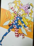  ;d aioi_aoi american_flag_dress american_flag_legwear bangs blonde_hair bright_pupils clownpiece eyebrows fairy_wings fire frilled_shirt_collar frills hat jester_cap long_hair looking_at_viewer neck_ruff one_eye_closed open_mouth outstretched_arms pantyhose polka_dot red_eyes smile solo spread_arms striped striped_legwear teeth torch touhou v-shaped_eyebrows very_long_hair white_pupils wings 