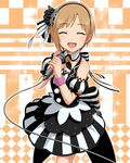 aiba_yumi black_dress closed_eyes dress facing_viewer hair_ornament headband holding holding_microphone idolmaster idolmaster_cinderella_girls microphone official_art open_mouth orange_background skirt solo standing striped striped_skirt wristband 