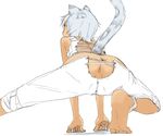  1girl animal_ears anus ass ass_cutout backless_pants barefoot cat_ears cat_tail cross-laced_clothes feet female from_behind light_blue_hair looking_away no_panties original partially_colored satsuyo short_hair simple_background soles solo squatting tail tiptoes vest white_background 