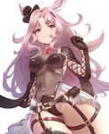  animal_ears breasts cat_ears catherine_(granblue_fantasy) cross-laced_clothes dakunesu erune from_below garter_belt granblue_fantasy grey_garter_belt hat highres leotard long_hair looking_at_viewer mini_hat mini_top_hat pink_eyes pink_hair sideboob silver_trim simple_background small_breasts smile solo thighhighs top_hat 
