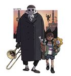  androgynous bag chara_(undertale) choker closed_eyes expressionless flower_pot flowey_(undertale) frisk_(undertale) heart heart_necklace human_tower instrument jacket jewelry knife leon_the_professional letterman_jacket multiple_boys necklace papyrus_(undertale) parody sans shirt shopping_bag silhouette skeleton spoilers stacking striped striped_shirt trench_coat trombone twitter_username undertale when_you_see_it 