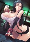  1girl alcohol areola_slip areolae bar beer black_hair breasts butt_crack cleavage crop_top cup downpants drinking_glass erect_nipples final_fantasy final_fantasy_vii fingerless_gloves gloves haganef huge_breasts leaning looking_at_viewer navel red_eyes skirt smile solo stomach suspenders tank_top tifa_lockhart 