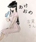  1girl aesann_99638932 black_eyes black_hair dress drink highres komi-san_wa_komyushou_desu komi_shouko long_hair looking_at_viewer sitting translation_request water white_background 