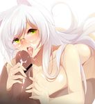  1girl animal_ears animetta black_hanekawa breasts cat_ears censored cum facial glasses green_eyes hanekawa_tsubasa long_hair monogatari_(series) penis tongue white_hair 