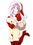  1girl aa_megami-sama antenna_hair areolae ass bag belldandy blue_eyes breasts brown_hair carrying christmas elbow_gloves facial_mark feet forehead_mark fur_trim gloves highres holding joy_division large_breasts legs light_smile long_hair looking_at_viewer mound_of_venus navel nipples nude on_shoulder pubic_hair santa_costume santa_hat simple_background smile solo standing thigh_boots thighs white_background 