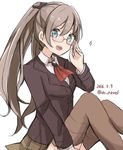  2016 ascot bespectacled blue_eyes brown_hair brown_legwear brown_skirt commentary_request dated glasses hair_ornament hairclip kantai_collection kumano_(kantai_collection) long_hair looking_at_viewer open_mouth ponytail riz_(ravel_dc) school_uniform skirt solo twitter_username 