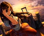  2015 bangs breasts brown_eyes brown_hair buttons chain closed_mouth cloud dated de_da_xianyu dress_shirt dutch_angle from_above hand_in_hair hand_on_head long_hair looking_at_viewer medium_breasts ocean original outdoors red_skirt ribbon rolling_suitcase shade shirt short_sleeves signature skirt sky solo suitcase sunset swept_bangs water 