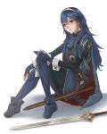  1girl absurdres blue_dress blue_eyes blue_footwear blue_hair cape closed_mouth commentary_request dress falchion_(fire_emblem) fingerless_gloves fire_emblem fire_emblem:_kakusei fire_emblem_heroes gloves hair_between_eyes highres lucina midori_matsui nintendo sheath shoulder_armor sitting smile strap super_smash_bros. tiara wrist_cuffs 