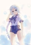  blouse blue_eyes braid kantai_collection long_hair naruse_chisato one-piece_swimsuit school_swimsuit school_uniform serafuku silver_hair single_braid smile solo swimsuit swimsuit_under_clothes umikaze_(kantai_collection) very_long_hair 