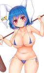  :3 animal_ears bangs belly bikini blue_bikini blue_hair blush breasts bunny_ears cleavage ear_clip highres large_breasts looking_at_viewer mallet micro_bikini navel red_eyes seiran_(touhou) short_hair side-tie_bikini simple_background solo standing swimsuit thighs tokoya_(ex-hetare) touhou v-shaped_eyebrows white_background 