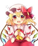  :d blonde_hair fang flandre_scarlet flying_sweatdrops hat mob_cap open_mouth puffy_short_sleeves puffy_sleeves red_eyes ruhika short_sleeves skirt smile solo touhou vest wings 
