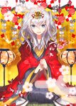  alternate_costume blue_eyes branch flower hair_ornament highres holding holding_branch japanese_clothes kantai_collection kashima_(kantai_collection) kimono lamp long_hair long_sleeves looking_at_viewer open_mouth ribbon seiza sidelocks silver_hair sitting smile solo tsurime twintails wavy_hair wide_sleeves yakusuke 