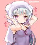  blue_hair breasts camisole covered_nipples hair_down haku_(p&amp;d) looking_at_viewer marshmallow_mille multicolored_hair pink_background purple_eyes purple_hair puzzle_&amp;_dragons small_breasts solo tight towel towel_on_head twitter_username two-tone_hair wet 