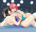  black_hair blue_leotard blush boots breasts cleavage grey_eyes hand_on_another's_head large_breasts leotard long_hair lying_on_person mighty_yukiko minami_toshimi multiple_girls pink_hair short_hair smile sweat tomjpn wrestle_angels wrestle_angels_survivor wrestling wrestling_outfit wrestling_ring yuri 