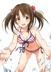  :d bikini bracelet breasts brown_eyes brown_hair cleavage collarbone highres idolmaster idolmaster_cinderella_girls imai_kana jewelry long_hair medium_breasts navel open_mouth smile solo splashing striped striped_bikini swimsuit takeashiro twintails 