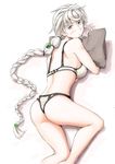  alternate_costume ass asymmetrical_hair bare_shoulders bikini blush braid embarrassed from_behind highres kantai_collection long_hair looking_at_viewer lying midriff object_hug on_stomach pillow pillow_hug silver_hair single_braid solo swimsuit thighs unryuu_(kantai_collection) vent_arbre very_long_hair white_bikini yellow_eyes 