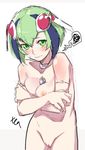  1girl 272606nude android bare_shoulders blush bob_cut body_blush breasts cleavage covering dimension_w embarrassed green_eyes green_hair looking_at_viewer looking_at_viewernana_gnavel nana_g navel nude robot_ears short_hair simple_background sketch solo sweatdrop upper_body upper_bodywhite_background white_background yurizaki_mira 