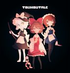  2others androgynous apron ascot asriel_dreemurr black_background black_legwear black_skirt black_vest blue_dress blush_stickers bow broom brown_hair chara_(undertale) cosplay crossdressing detached_sleeves dress expressionless frisk_(undertale) gohei green_eyes hair_bow hair_tubes hakurei_reimu hakurei_reimu_(cosplay) hand_up hat hat_bow head_tilt holding holding_broom holding_knife izayoi_sakuya izayoi_sakuya_(cosplay) kirisame_marisa kirisame_marisa_(cosplay) knife knives_between_fingers looking_to_the_side maid maid_apron maid_headdress multiple_others one_eye_closed pantyhose phantasmic red_bow red_eyes red_shirt red_skirt ribbon ribbon-trimmed_sleeves ribbon_trim shirt short_sleeves simple_background skirt smile spoilers title_parody touhou undertale vest waist_apron white_shirt witch_hat 