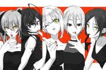  ;d bangs black_eyes blue_eyes breasts cleavage earrings gloves green_eyes hayami_kanade ichinose_shiki idolmaster idolmaster_cinderella_girls jewelry jougasaki_mika lipps_(idolmaster) medium_breasts miyamoto_frederica monochrome multiple_girls multiple_monochrome nail_polish one_eye_closed open_mouth parted_bangs red_lips red_nails shiomi_shuuko short_hair smile twintails yellow_eyes 