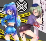  ass belt blue_hair blush car cowboy_shot cuffs gloves green_eyes ground_vehicle gun handcuffs handgun hat holding holding_gun holding_weapon long_hair long_sleeves looking_at_viewer looking_back looking_to_the_side midriff motor_vehicle multiple_girls nobinonki open_mouth original pistol skirt smile standing tape target translation_request twintails wavy_mouth weapon white_gloves 