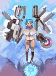  bangs black_footwear blue_eyes blue_hair boots full_body gloves headset highres knee_boots level-00 mecha mechanical_arm midair no_pants original panties parts_exposed pen pixiv pixiv-tan robot_joints science_fiction short_hair single_glove solo underwear 