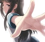  bangs black_hair blue_skirt blunt_bangs brown_eyes collared_shirt ear eyebrows eyebrows_visible_through_hair foreshortening from_side hatsuyuki_(kantai_collection) hime_cut kantai_collection long_hair looking_back open_hand open_mouth outstretched_arm outstretched_hand palms parted_lips pleated_skirt school_uniform serafuku shirt short_sleeves sidelocks simple_background skirt solo tooi_aoiro upper_body white_background 