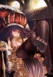  bad_proportions black_hair black_legwear breasts chestnut_mouth crown feet foreshortening frills highres indoors light_rays long_hair looking_at_viewer no_shoes open_mouth original pantyhose popopo_(popopo5656) purple_eyes scepter sitting small_breasts soles solo sunlight throne toes underboob 