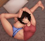  anatomical_nonsense armpits bad_anatomy barefoot black_hair brown_eyes collarbone contortion feet flexible highres legs lying marnie_(meitantei_marnie) meitantei_marnie navel on_back panties pillow short_hair smile soles solo tank_top toes toumi_(sr) underwear underwear_only 