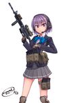  acog ammunition_pouch asato_miyo assault_rifle dreadtie gloves gun headset highres holding holding_gun holding_weapon knee_pads laser_sight little_armory load_bearing_vest m4_carbine magazine_(weapon) pouch purple_eyes purple_hair rifle scope short_hair solo trigger_discipline vertical_foregrip watch weapon 