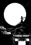  architecture comic commentary_request east_asian_architecture full_moon greyscale house kaga3chi kantai_collection light monochrome moon night night_sky noren remodel_(kantai_collection) scarf sendai_(kantai_collection) silhouette sky solo star_(sky) starry_sky tree two_side_up window 