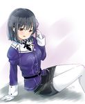  bangs belt black_hair black_skirt blush eyebrows eyebrows_visible_through_hair gloves haguro_(kantai_collection) hair_ornament kantai_collection long_sleeves looking_at_viewer nobinonki open_mouth pantyhose signature sitting skirt smile solo white_gloves white_legwear 