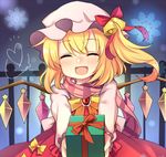  :d ^_^ bell blonde_hair box closed_eyes fang fence flandre_scarlet gift gift_box hat lowres mob_cap open_mouth ruhika scarf shirt skirt smile snowflakes solo touhou vest wings 