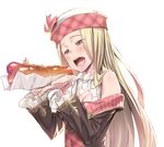  bare_shoulders blonde_hair blush breasts cleavage diola_(granblue_fantasy) eating food granblue_fantasy h_kasei hat hot_dog long_hair open_mouth small_breasts smile solo tongue yellow_eyes 