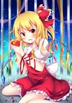  apple ascot bangs blonde_hair blush bow cage dress eyebrows fang flandre_scarlet food frilled_dress frills fruit hair_bow highres holding holding_food holding_fruit honey looking_at_viewer miy@ open_mouth puffy_short_sleeves puffy_sleeves red_bow red_dress red_eyes red_ribbon ribbon short_sleeves side_ponytail sitting solo sparkle touhou wariza wings 
