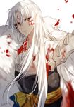  armor artist_name blood facial_mark forehead_mark fur inuyasha japanese_clothes kimono long_hair male_focus pointy_ears sesshoumaru solo sukja white_hair yellow_eyes 