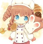  :&lt; aikei_ake blue_eyes bread cat chef_hat chef_uniform chocolate_cornet creature drill_hair food hat original oven_mitts skirt smile snail solo toque_blanche twin_drills 