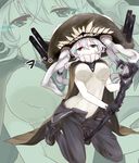  bangs black_gloves bodysuit breasts brown_cape cane cape full_body gloves glowing glowing_eyes hair_between_eyes hat highres holding kantai_collection kneeling looking_at_viewer medium_breasts nobinonki pale_skin shinkaisei-kan silver_hair solo tentacles wo-class_aircraft_carrier zoom_layer 