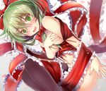  @_@ black_legwear blush bow breasts commentary covering covering_breasts efe entangled fang front_ponytail green_eyes green_hair hair_bow kagiyama_hina long_hair medium_breasts naked_ribbon navel open_mouth petals ribbon sitting solo tears thighhighs touhou underboob wavy_mouth 