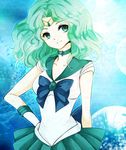  aqua_eyes aqua_hair bishoujo_senshi_sailor_moon blue_bow bow kaiou_michiru long_hair magical_girl sailor_collar sailor_neptune sailor_senshi_uniform skirt solo tiara yuuki_susumu 