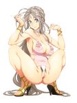  1girl aa_megami-sama antenna_hair areolae armpits ass bare_legs bare_shoulders belldandy blue_eyes bracelet breasts choker cigarette cleavage cleft_of_venus collarbone earrings facial_mark feet forehead_mark grey_hair high_heels highres jewelry joy_division large_breasts legs light_smile lingerie long_hair looking_at_viewer lots_of_jewelry mound_of_venus nipples panties pubic_hair pussy ring see-through simple_background smile smoking solo squatting thighs toes uncensored underwear very_long_hair wedding_ring wedgie white_background white_panties 