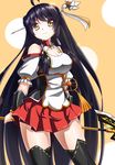  ahoge alice360 ara_han black_hair black_legwear cowboy_shot elsword highres little_xia_(elsword) long_hair looking_at_viewer orange_background pleated_skirt red_skirt skirt smile solo thighhighs very_long_hair wrist_cuffs yellow_eyes 