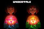  androgynous artist_name black_background brown_hair chara_(undertale) closed_eyes copyright_name crazy_eyes evil_smile floating frisk_(undertale) glamist glowing glowing_eyes heart highres looking_at_viewer md5_mismatch multiple_others open_mouth red_eyes resized simple_background smile spoilers striped striped_sweater sweater teeth undertale upper_body upscaled 