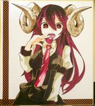  aioi_aoi breasts cherry demon_girl demon_horns food fruit hair_between_eyes horns juliet_sleeves koakuma large_breasts long_hair long_sleeves looking_at_viewer marker_(medium) necktie open_mouth puffy_sleeves red_eyes red_hair red_pupils shikishi shirt skirt skirt_set solo touhou traditional_media very_long_hair vest 