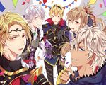  armor blonde_hair blue_eyes blush book brothers butler cape circlet eyepatch fingerless_gloves fire_emblem fire_emblem_if gloves grey_hair joker_(fire_emblem_if) leon_(fire_emblem_if) long_hair low_ponytail marks_(fire_emblem_if) multiple_boys one_eye_closed open_mouth orange_eyes ponytail purple_eyes red_eyes siblings takumi_(fire_emblem_if) tobari_(brokenxxx) white_background white_hair zero_(fire_emblem_if) 