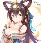  :o black_hair blush breasts cleavage clenched_hand hair_rings hair_tubes half_updo headdress izanami_(p&amp;d) large_breasts long_hair looking_at_viewer marshmallow_mille mirror off_shoulder puzzle_&amp;_dragons sash solo twitter_username yellow_eyes 